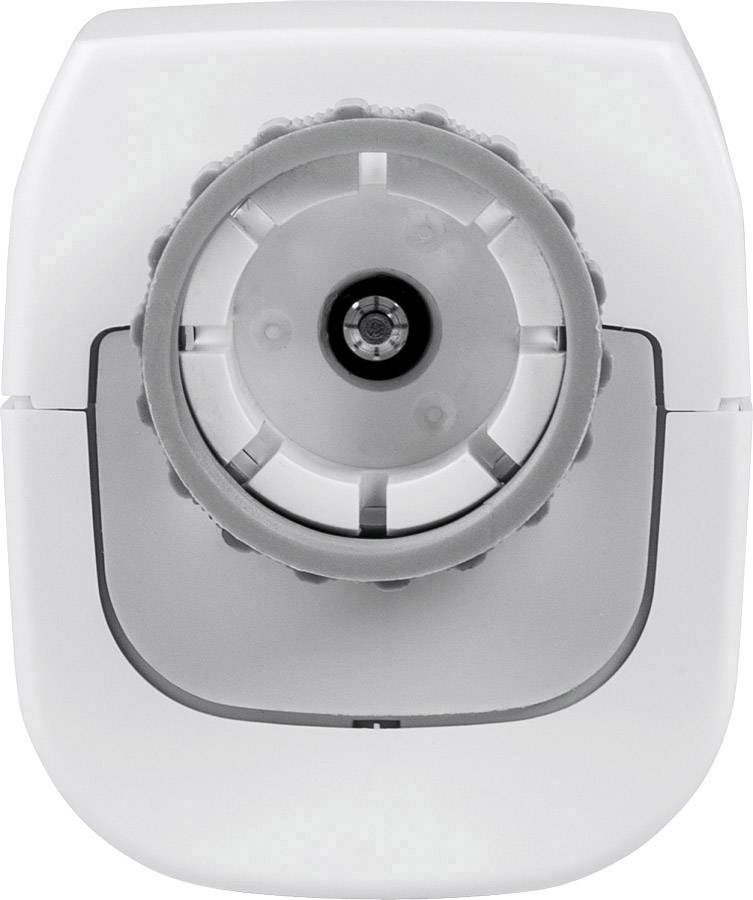 A white electric pencil sharpener with grey accents, photographed from above, with a central hole for the pencil.