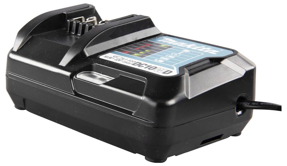 A black Makita battery charger with indicator lights and a power cord is shown, angled to the left.