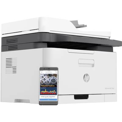 Printer with smartphone showing a print preview.