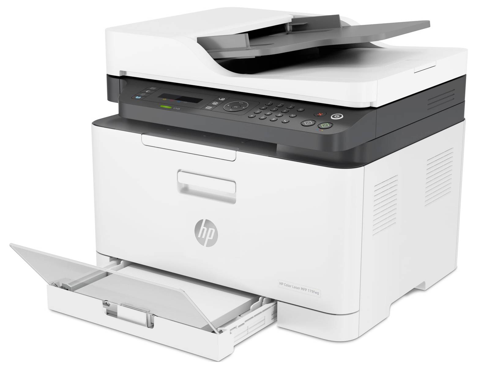 White HP multifunction printer with scanner lid open, front paper tray extended, and control panel visible.