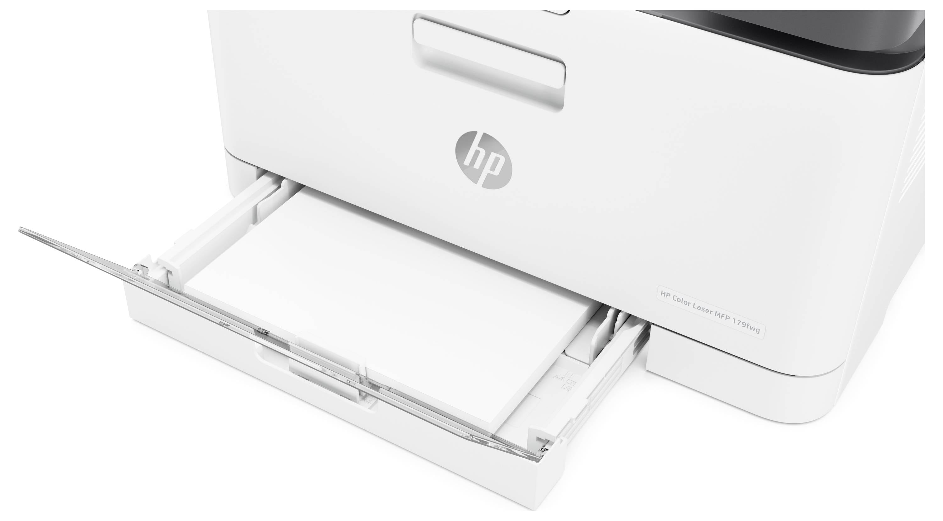 White HP printer with output tray extended and a sheet of paper loaded, viewed from the front-right side.