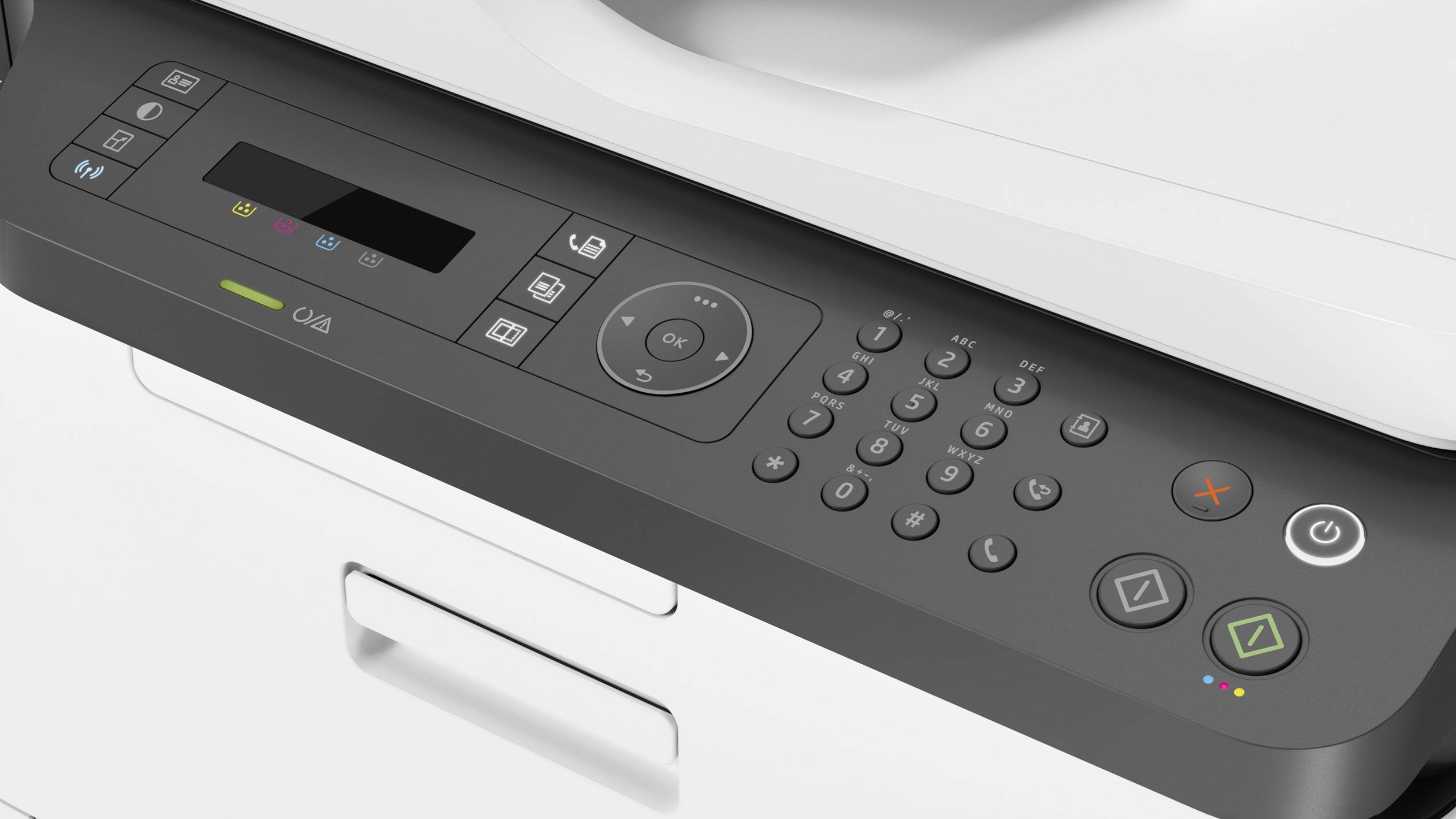 Multifunction printer control panel with display, numerical keypad, and function buttons for copying, scanning, and printing.