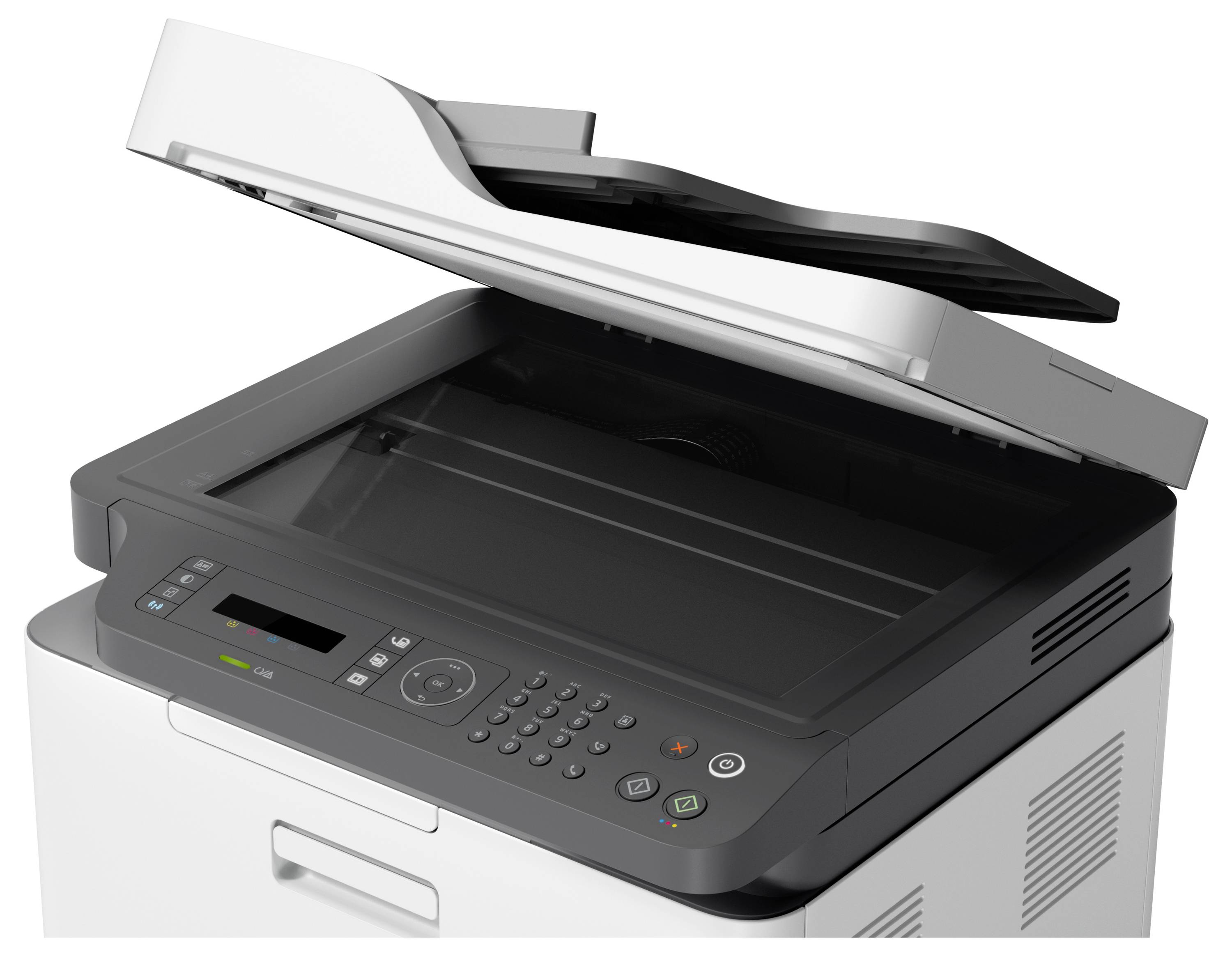 Multifunction office printer with scanner lid open, shown at an angle on a white background.