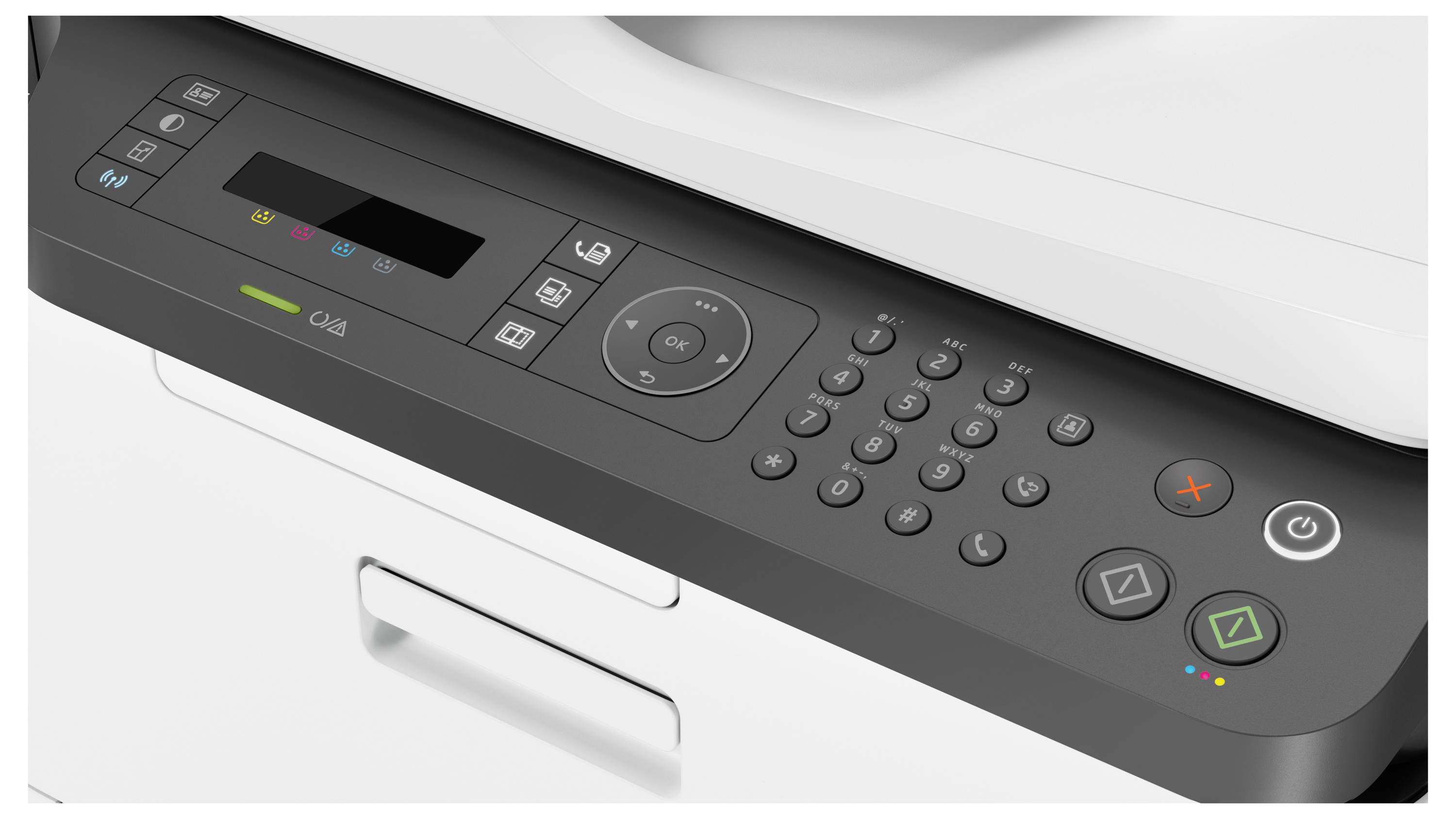 Close-up of a printer's control panel with display, keypad, navigation buttons, and power controls on the front of a white printer.