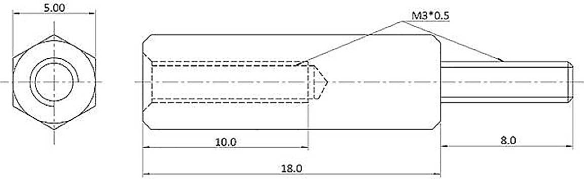 Technical Drawing of a Hexagonal Spacer with Dimensions: Length 18, Width 8, Inner Dimension 10, Thread M3 x 0.5 at the top.