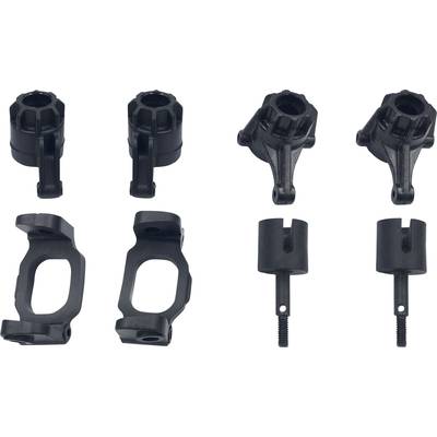Four black plastic components and four matching screws, possibly spare parts for a mechanical or technical device.