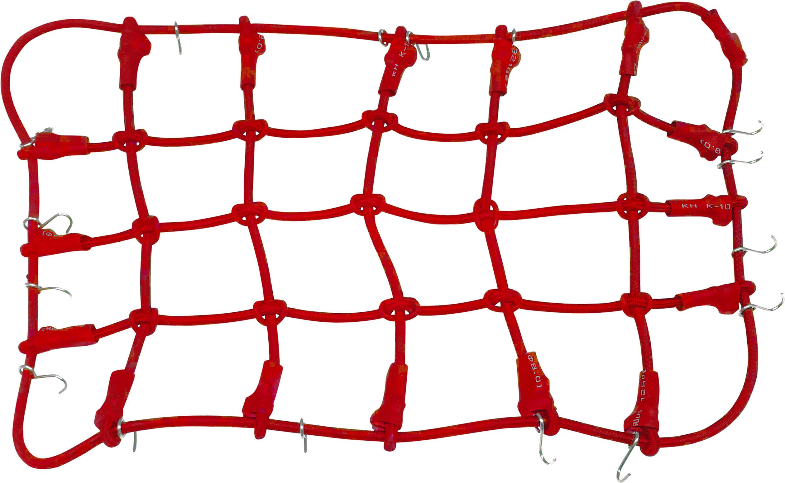 Red elastic luggage net with multiple hooks around the edges for securing items.