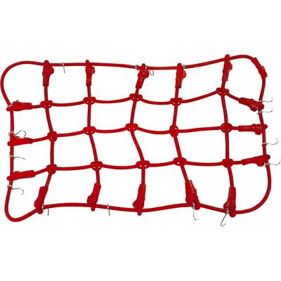 Red elastic luggage net with multiple hooks around the edges for securing items.