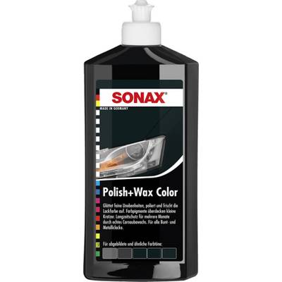 'SONAX Polish+Wax Colour' Car Wax Bottle with English text. Promises shine and protection for all paint colours and states 'Made in Germany'.