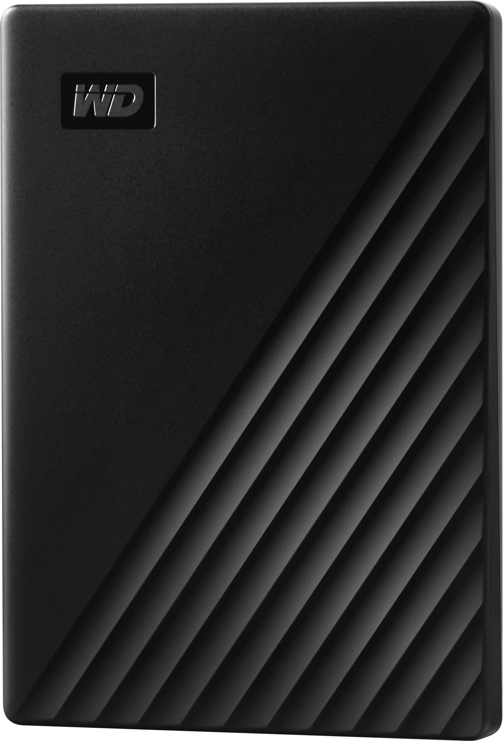 Black external hard drive with diagonal stripes. Brand logo in the top left corner.