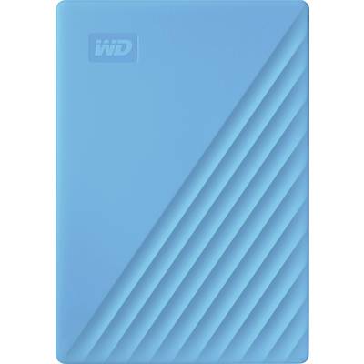 A blue external hard drive with a diagonal striped pattern and the 'WD' logo in the top left corner.