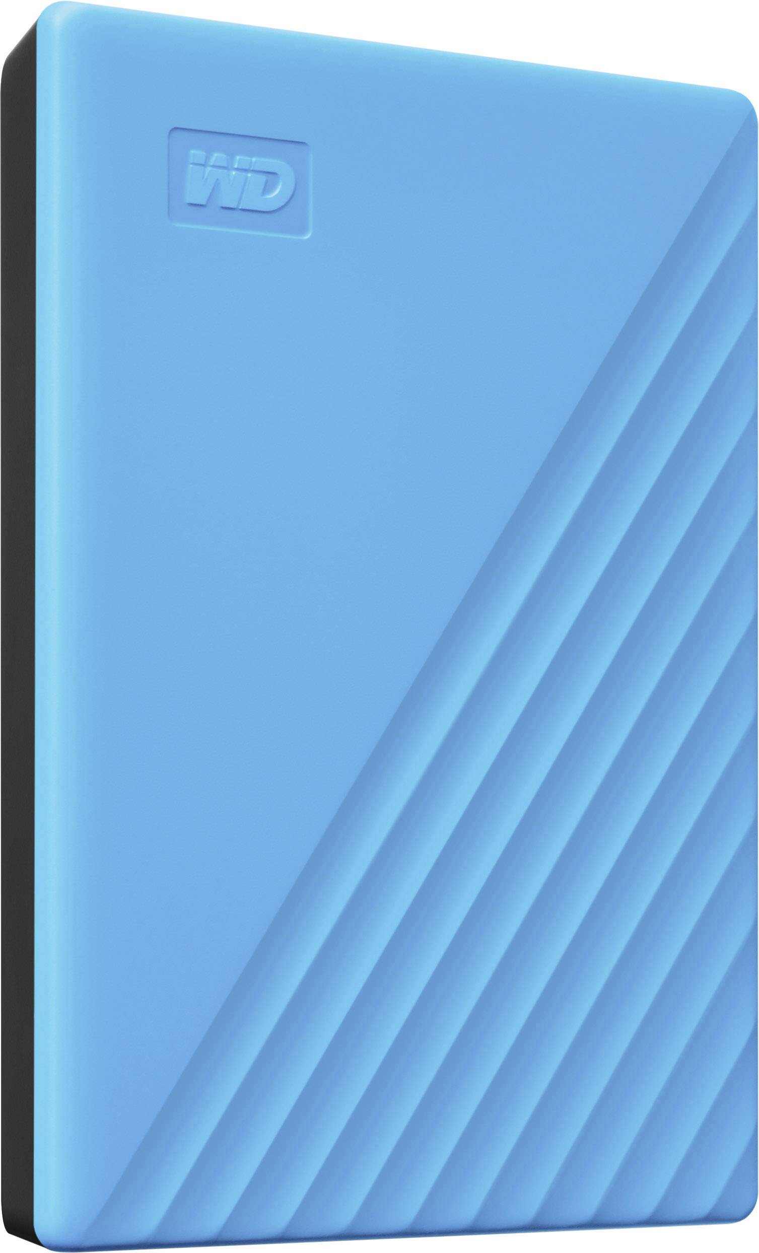 External blue hard drive with grooves on the right side and a logo in the top left corner.