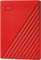 Red external hard drive by WD with diagonal stripes and logo in the top left corner. Elegant, modern design.