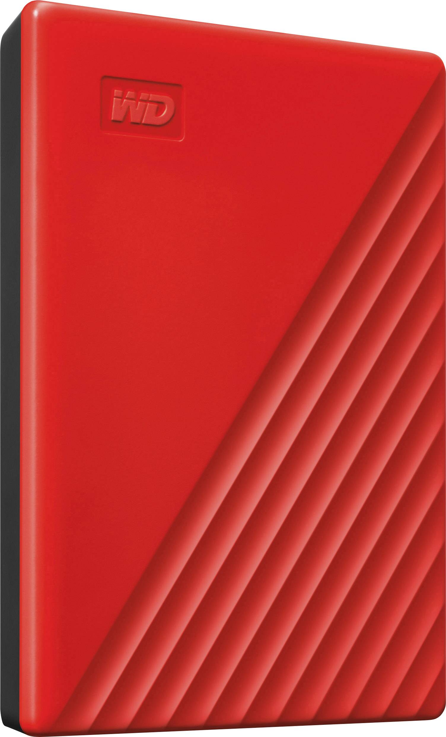 External hard drive in a vibrant red colour with brand logo in the top corner, featuring a distinctive ribbed design on the front.