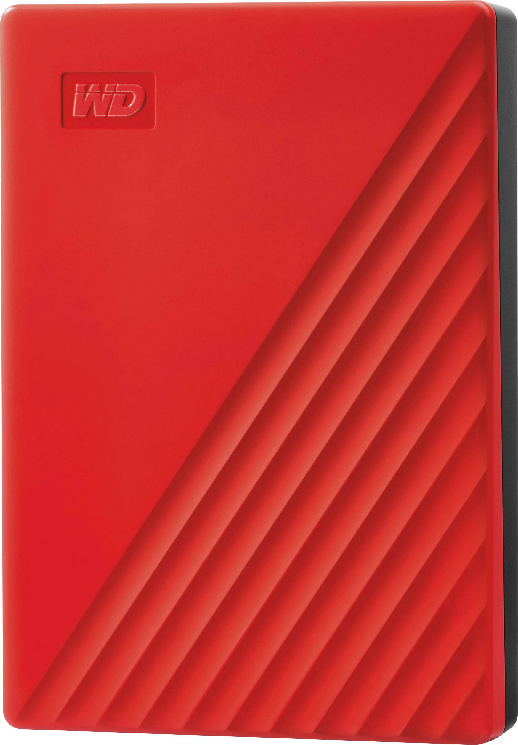 External hard drive with WD logo, diagonal line structure on the surface, standing upright.