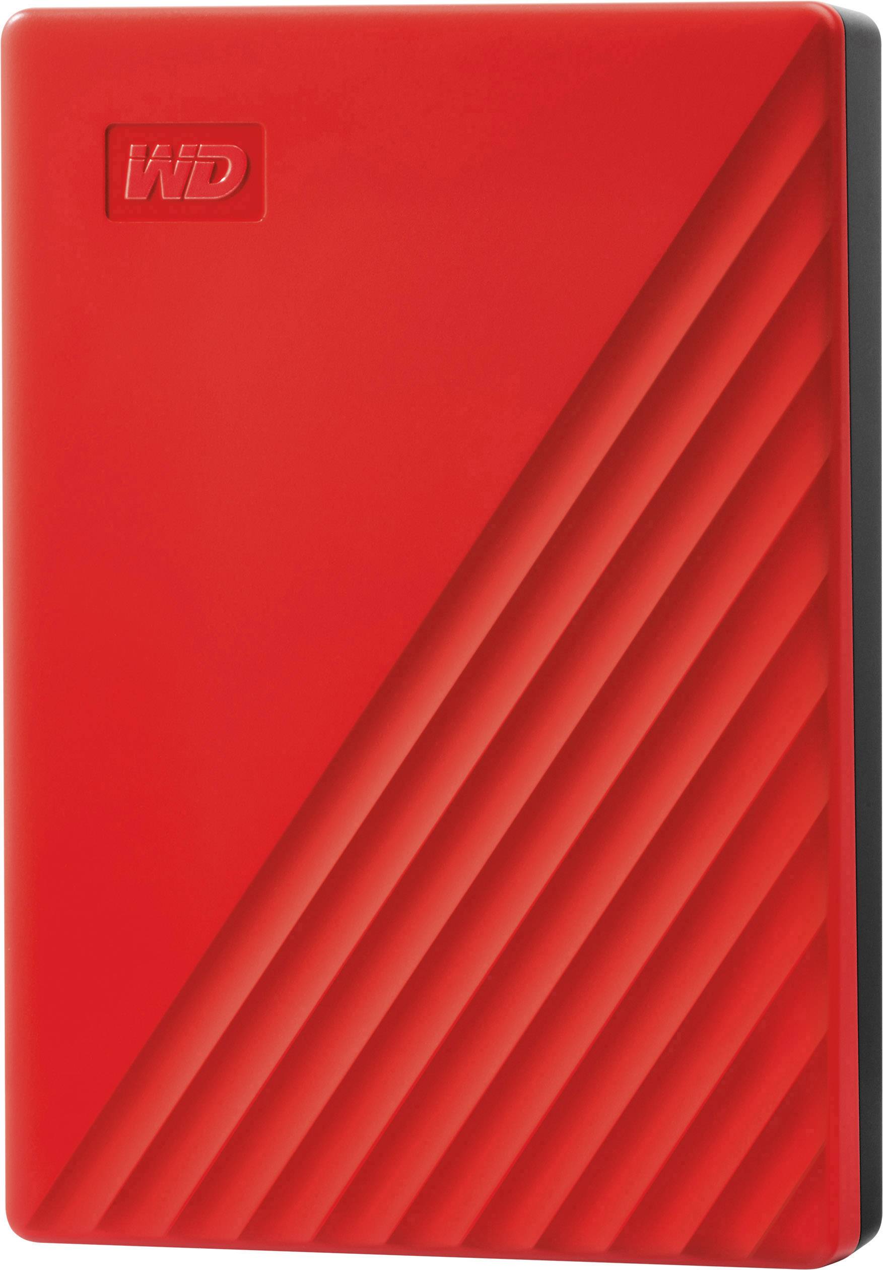 Red external hard drive with diagonal lines and 'WD' logo in the top corner.