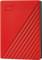Red external hard drive with diagonal lines and 'WD' logo in the top corner.