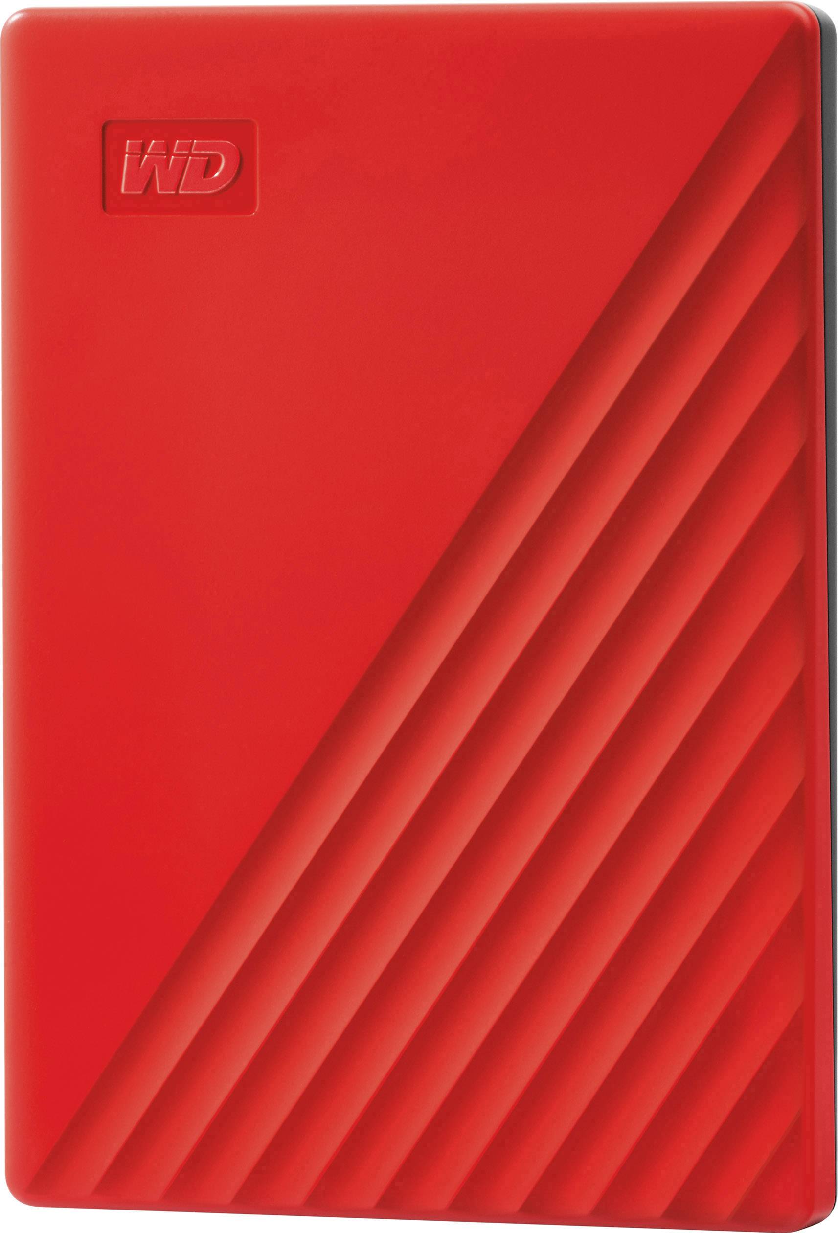 External red hard drive with diagonal grooves on the front, brand logo in the top left corner.