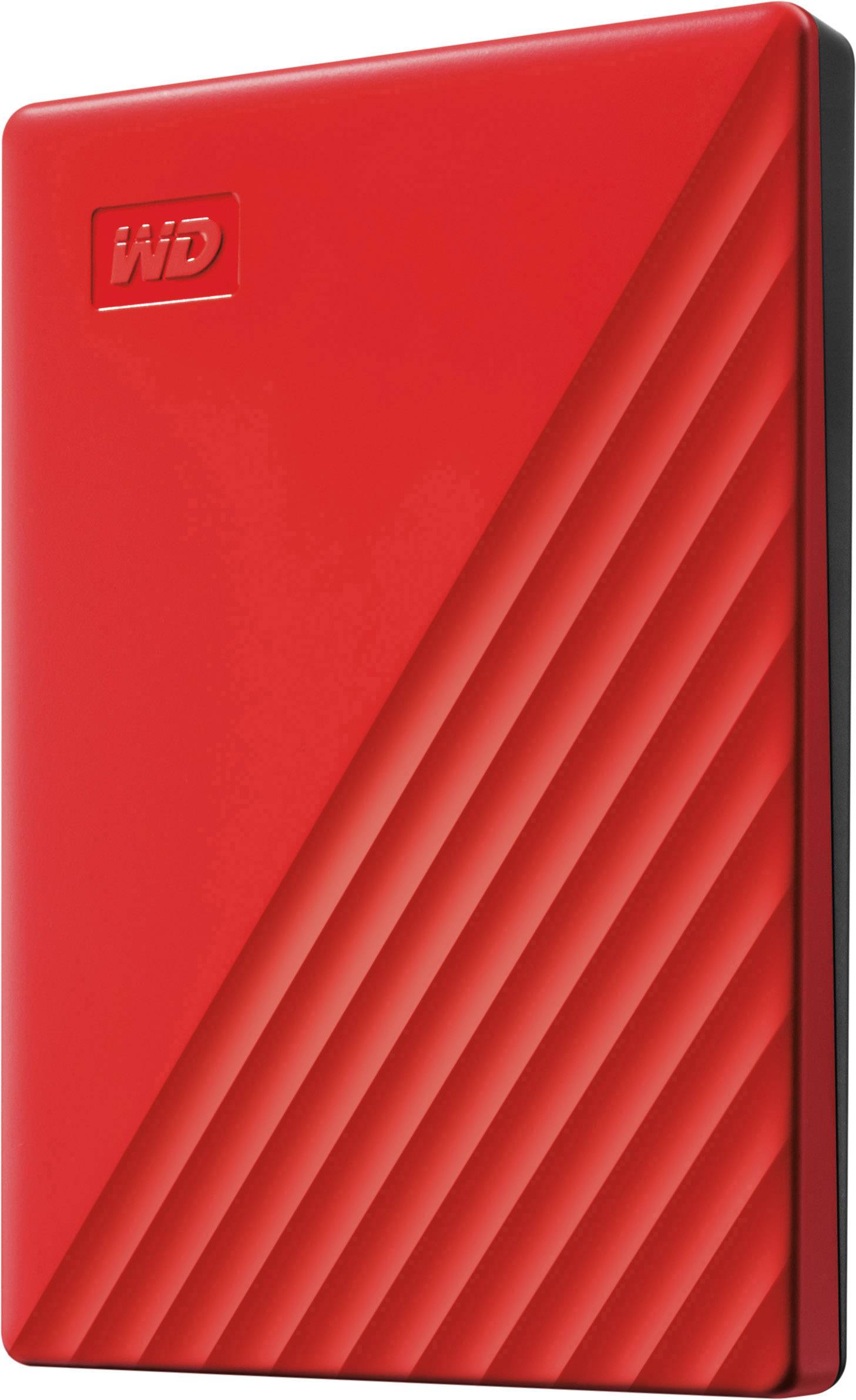 A red external hard drive with a diagonally ribbed design and the 'WD' logo in the top left corner.