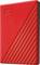 A red external hard drive with a diagonally ribbed design and the 'WD' logo in the top left corner.