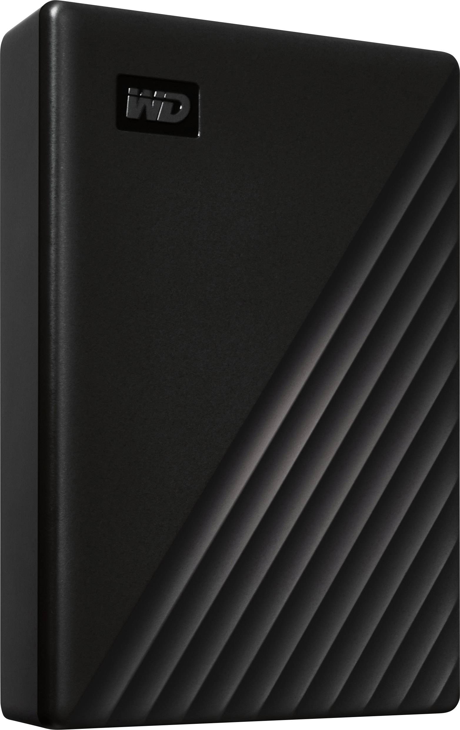 External black hard drive with an embossed stripe pattern and the 'WD' logo in the top left corner.
