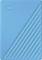 A blue external hard drive with a diagonal striped pattern and 'WD' logo in the corner.