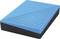 An external hard drive with a blue casing and black border, decorated with diagonal lines at the front.