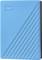 External hard drive, blue casing with diagonal lines and embossed logo in the top left corner.