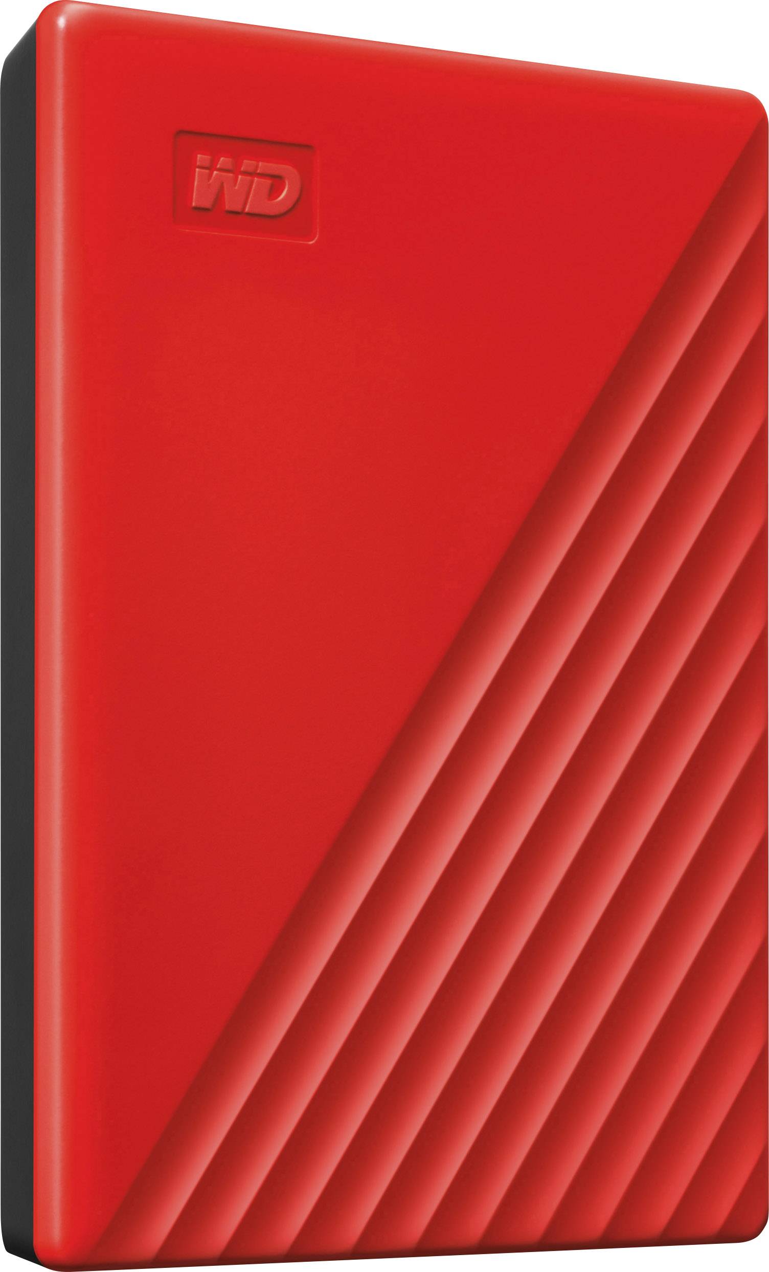Red, portable external hard drive enclosure with diagonal lines and a well-known brand logo in the top corner.