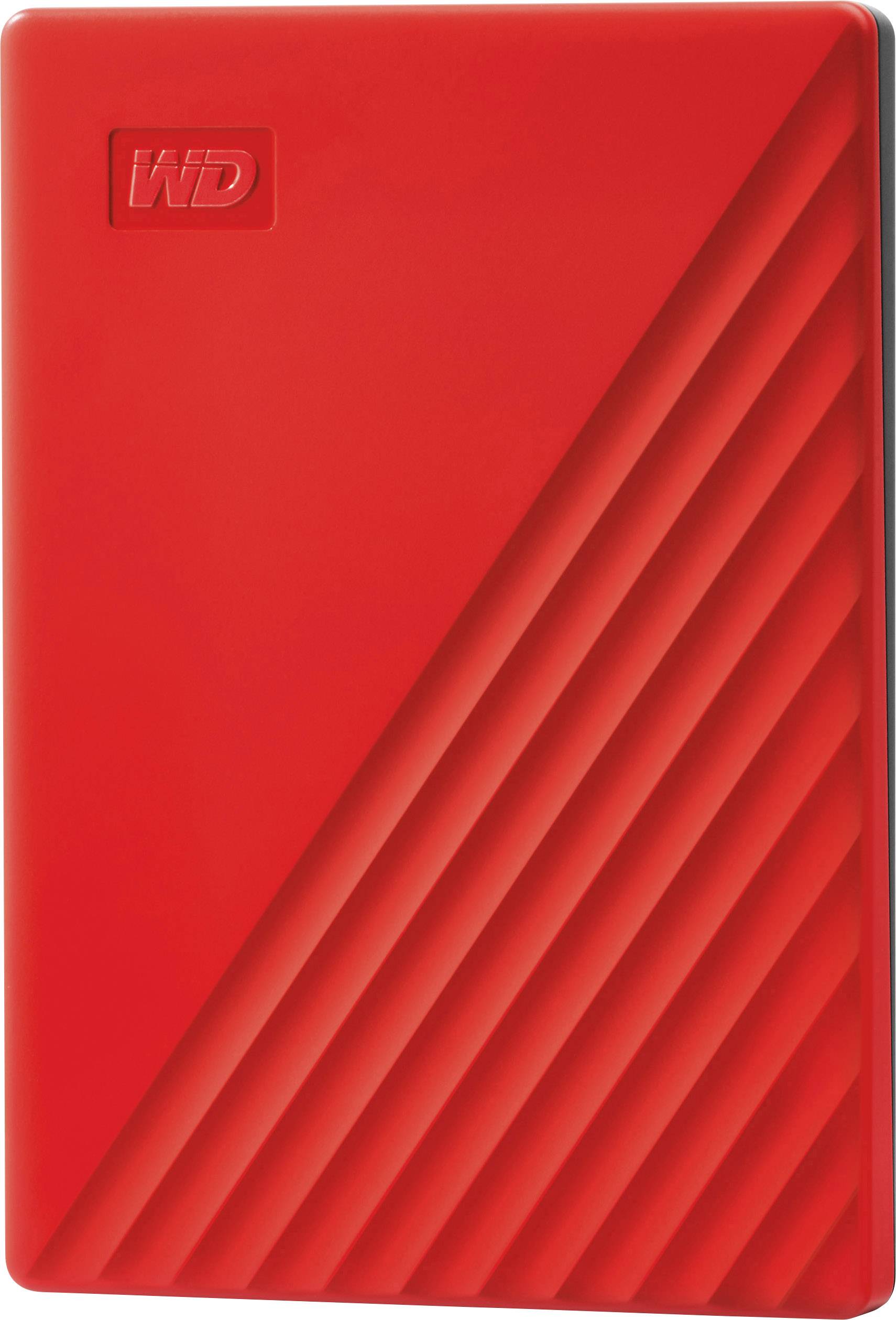 Red external hard drive with diagonal lines on the surface and the 'WD' logo in the corner.