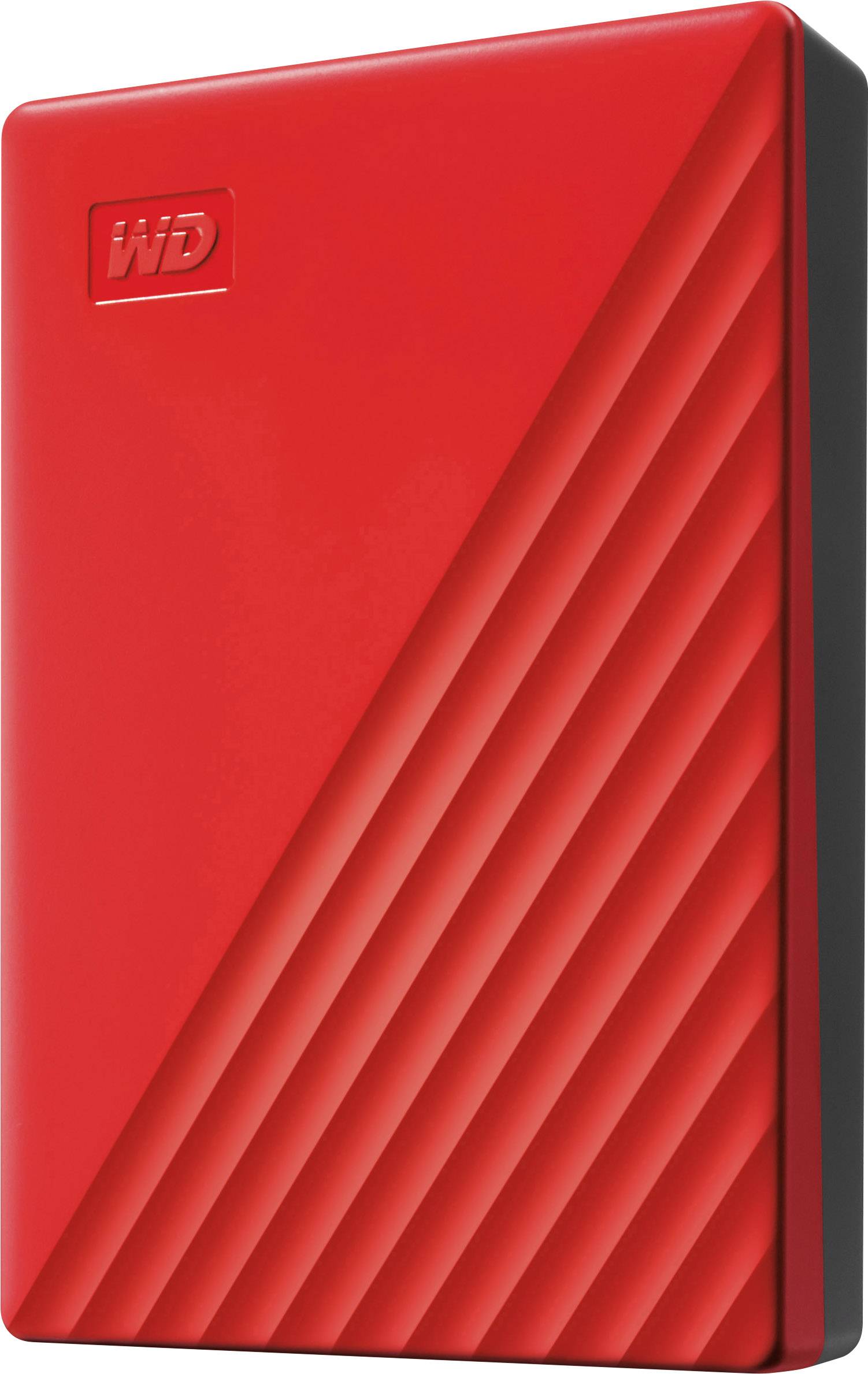 External hard drive in a luminous red with diagonal grooves and a 'WD' logo in the corner. Modern design, compact and portable.