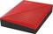 Red external hard drive with a diagonal groove pattern on the top surface, black border. Primarily used for data storage.