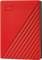 A red external hard drive with diagonal stripes and the WD logo in the top left corner.