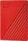 Red external hard drive with diagonal lines and WD logo in the top left corner.
