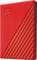 Red external hard drive with diagonal lines on the front and 'WD' logo in the corner. It is used for data storage.