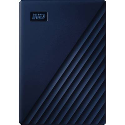 Exterior design of a portable, navy blue hard drive with diagonal lines on the right side. Brand logo in the top corner.