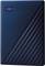 Dark blue external hard drive by WD with diagonal grooves on the front.