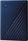 Dark blue external hard drive with diagonal stripes and a subtle manufacturer logo in the top left corner.