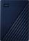 External hard drive in a dark blue enclosure with diagonal lines and 'WD' logo in the top left corner.