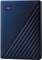 Dark blue external hard drive with diagonal lines on the front, brand logo located in the top left corner.
