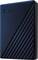 External hard drive in a dark blue casing with diagonal stripes. Manufacturer's logo in the top left corner.