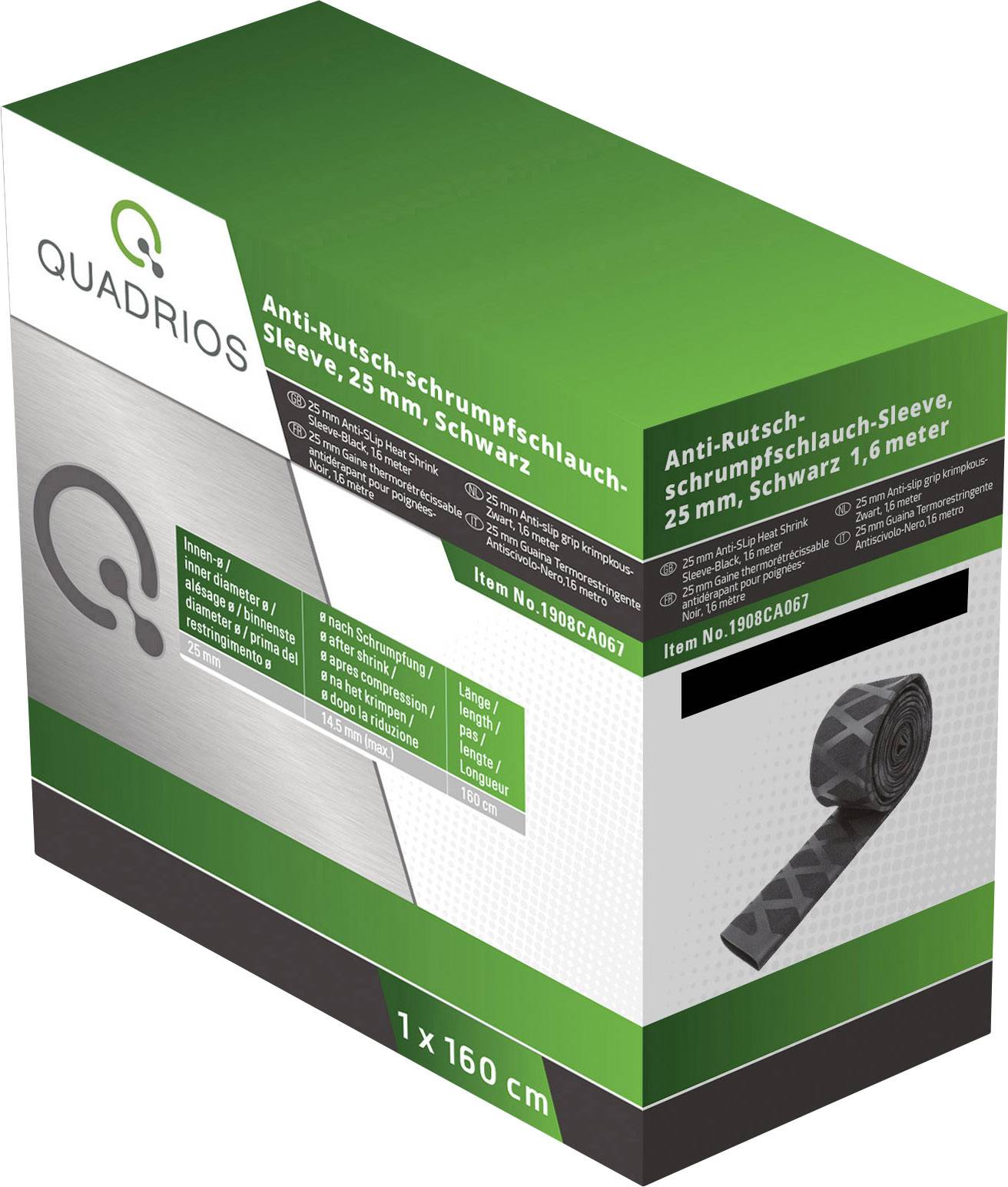 'Non-Slip Shrink Sleeve 25 mm, Black, 1.6 Metres' on grey packaging with green logo. Includes product image.