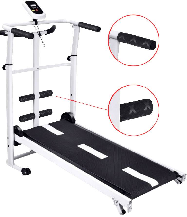 A mechanical treadmill with handles and a small display. The treadmill belt shows marked details of its belt composition.
