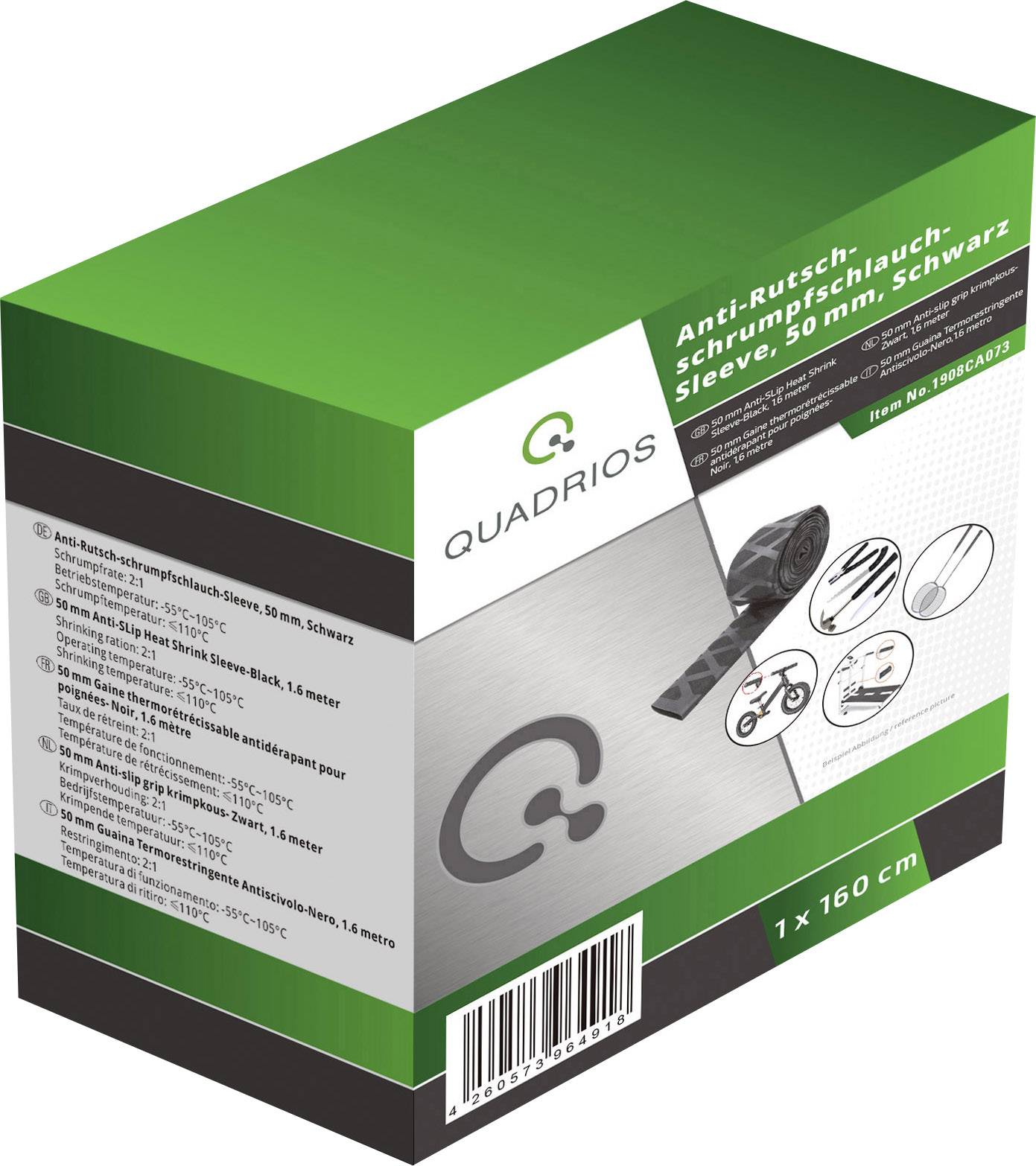 'Quadrios Heat Shrink Sleeving, 50 mm, Black, 1 x 160 cm.' Packaging design with product illustration and technical specifications.