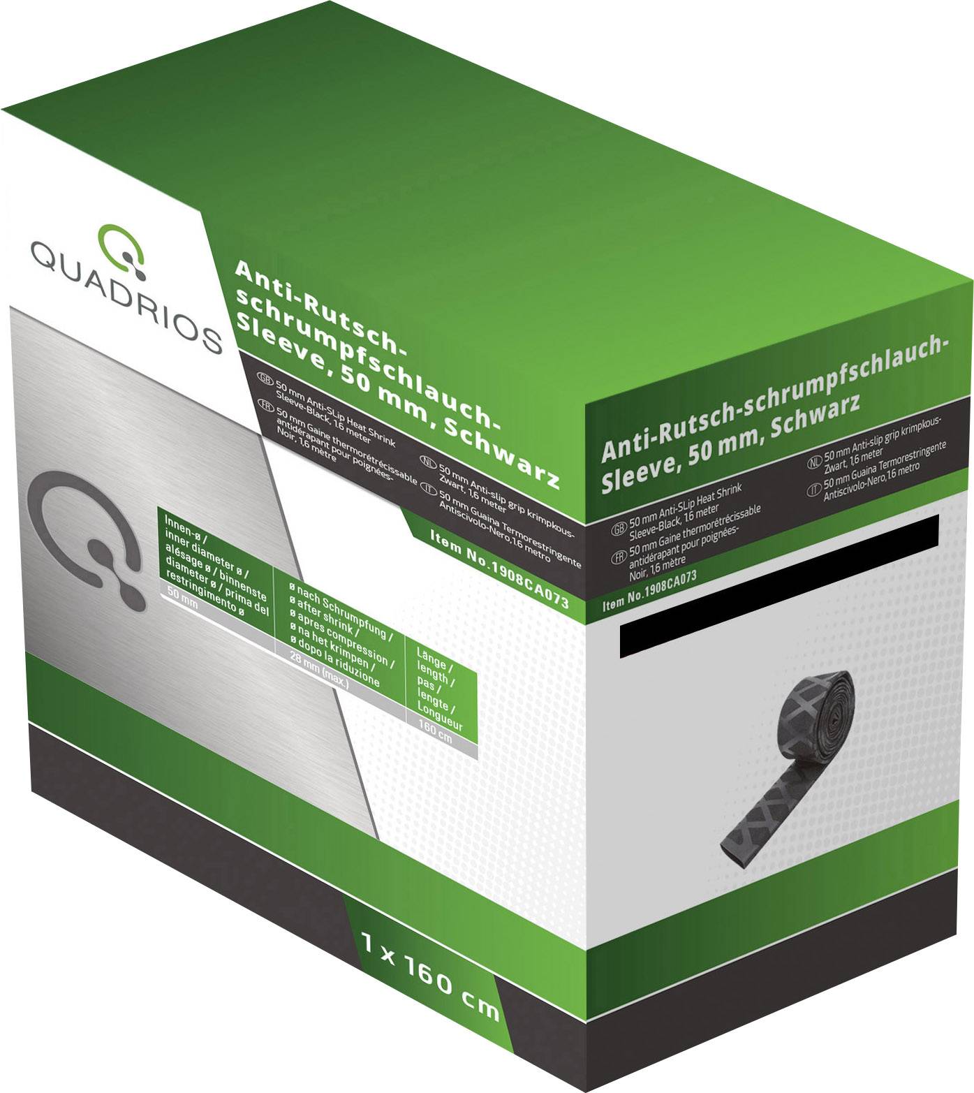 Black packaging of a non-slip heat shrink tube by Quadrios, showing product details and an image of the tube.