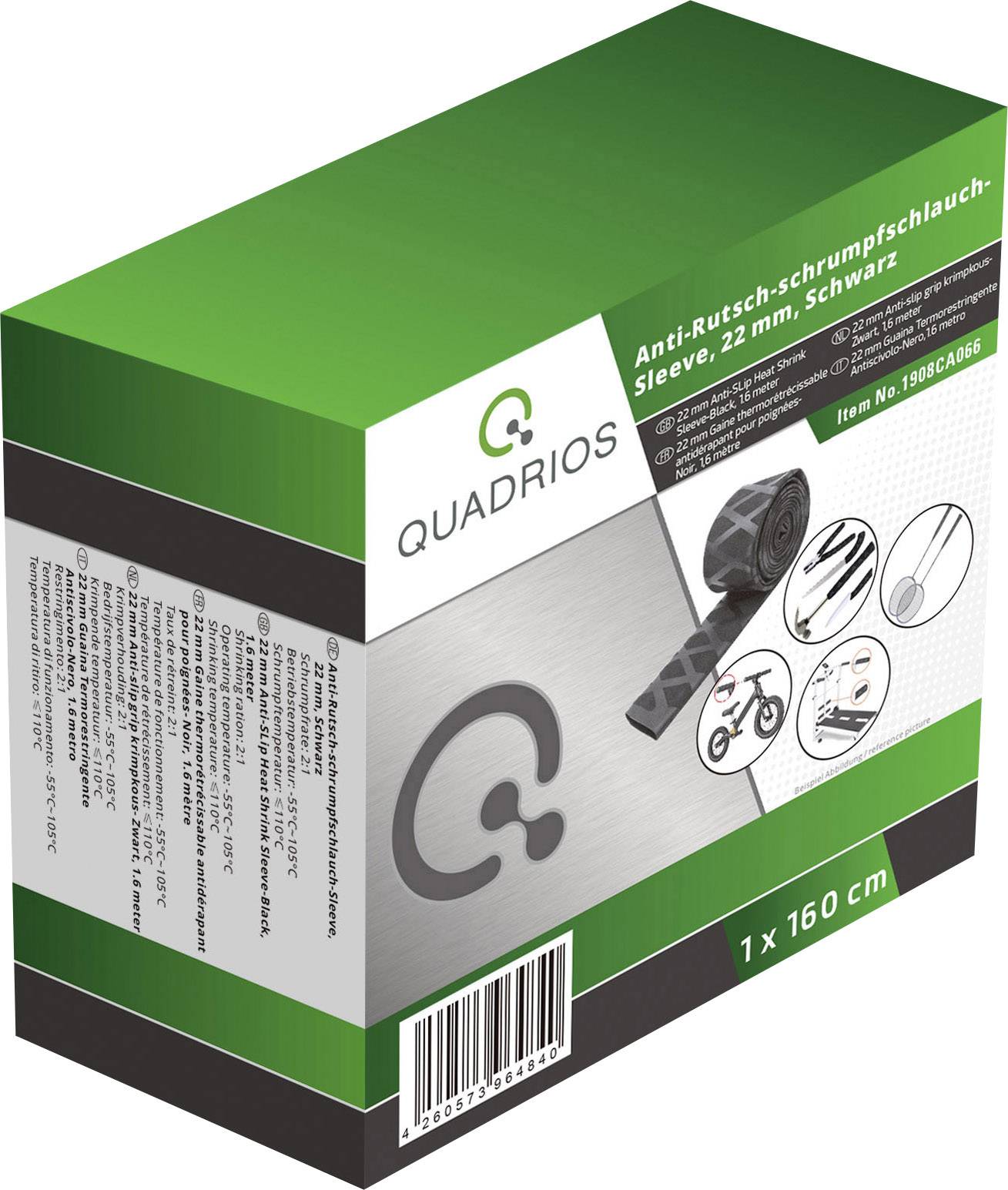 Packaging of a Quadrios anti-slip heat shrink tube, 22 mm, black, 1 x 160 cm, with product illustration and application examples.