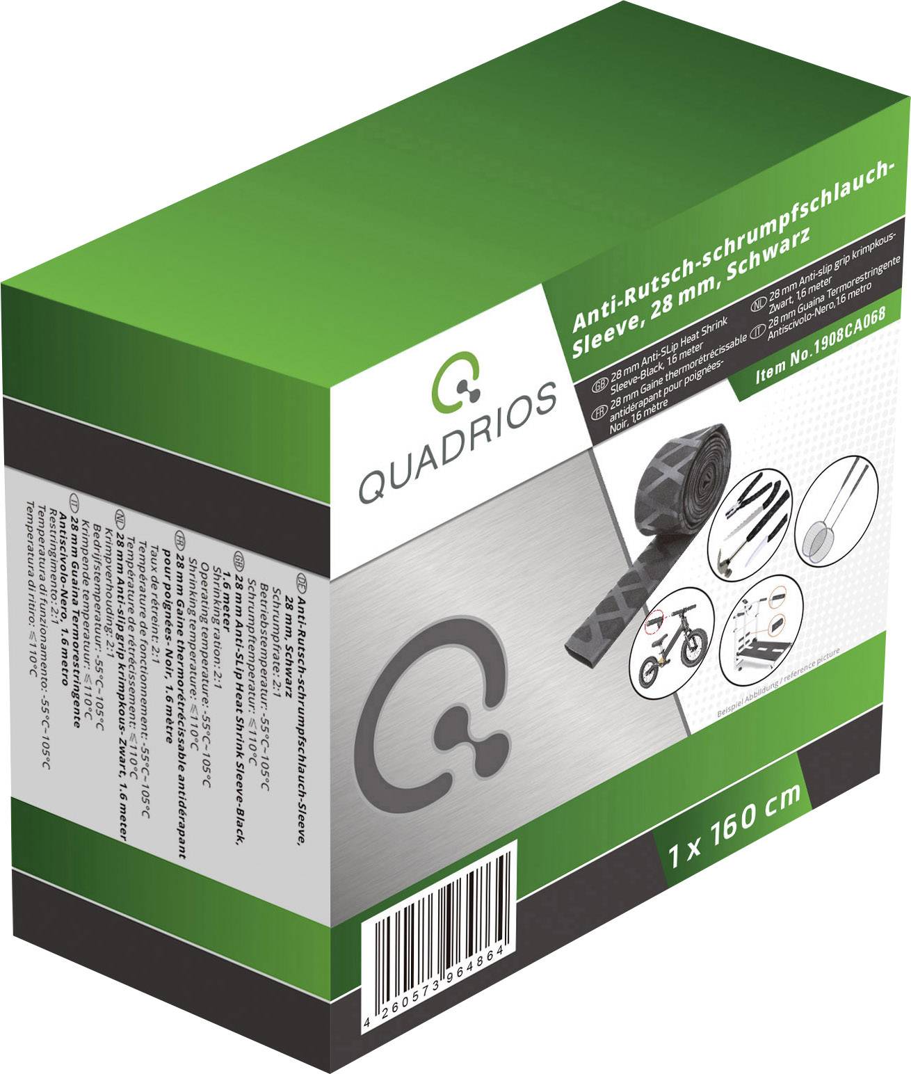 A green 'QUADRIOS' packaging containing heat-shrink tubing with anti-slip properties, 28 mm, 160 cm, black, including product illustrations.