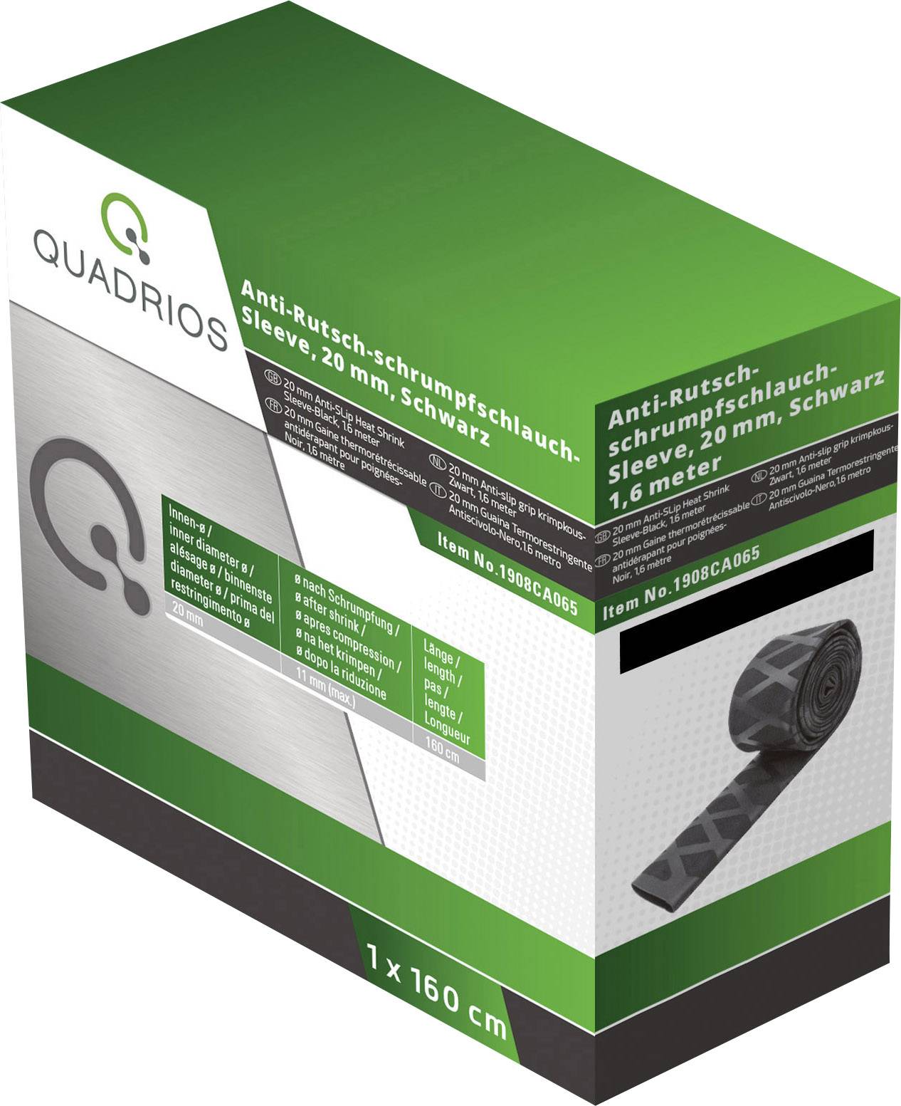 Packaging for a black anti-slip heat shrink tube by Quadrios, 20 mm wide, 1.6 metres long. Product image on the front.