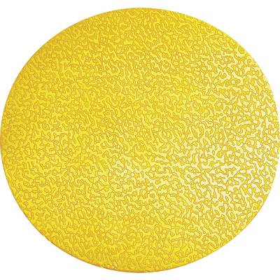A patterned, circular artwork in yellow and orange hues with intricate lines and textures on the surface.