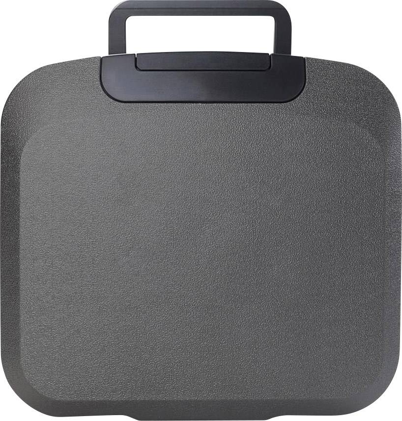 A black, rectangular suitcase with rounded edges and a handle on top.